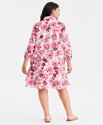 Plus Size Linen Floral-Print Flounce Shirtdress