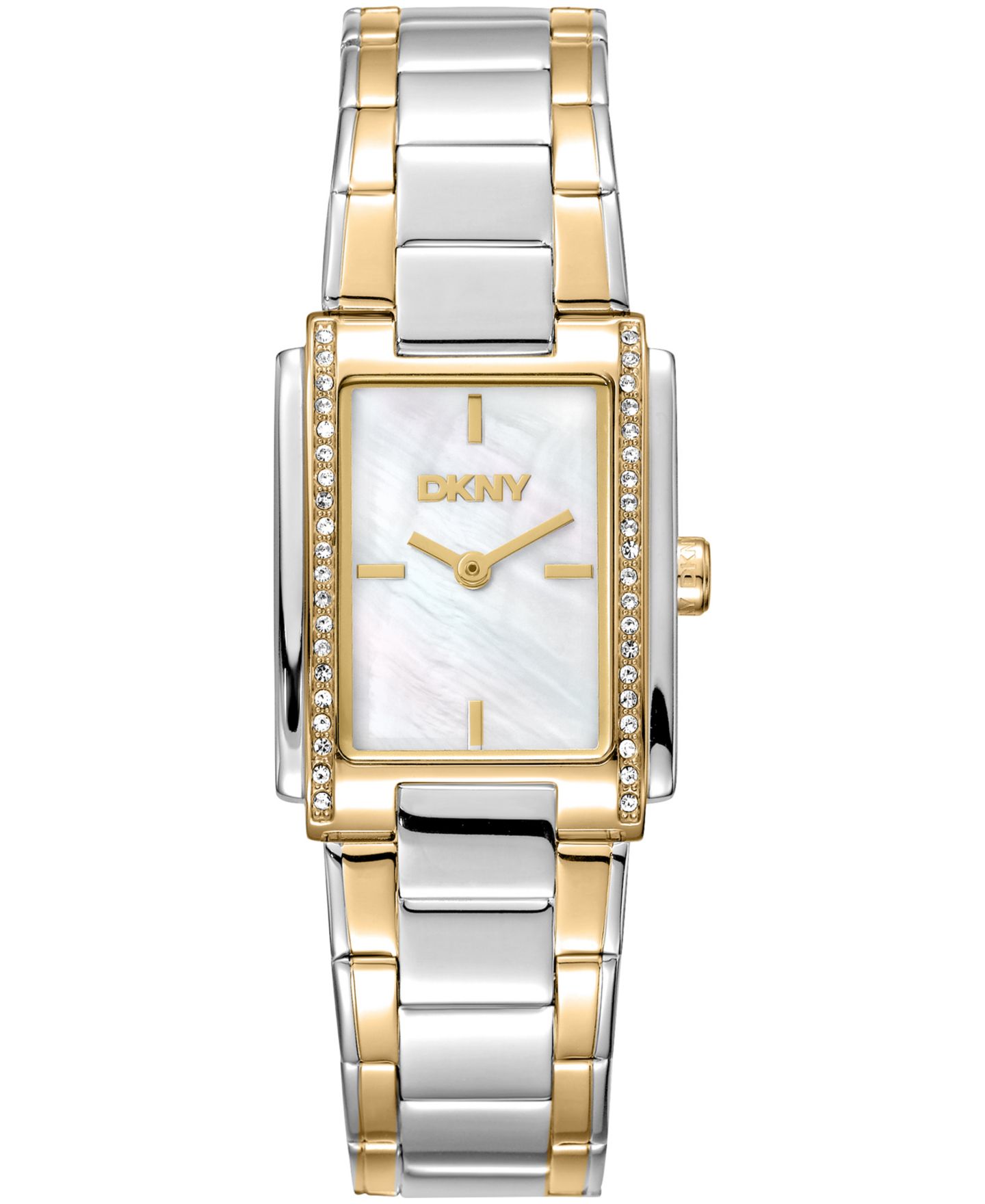Женские часы DKNY White MOP Dial Crystal Accented Case Two-Tone Gold Stainless Steel Bracelet Watch, 23 x 30mm — фото 1
