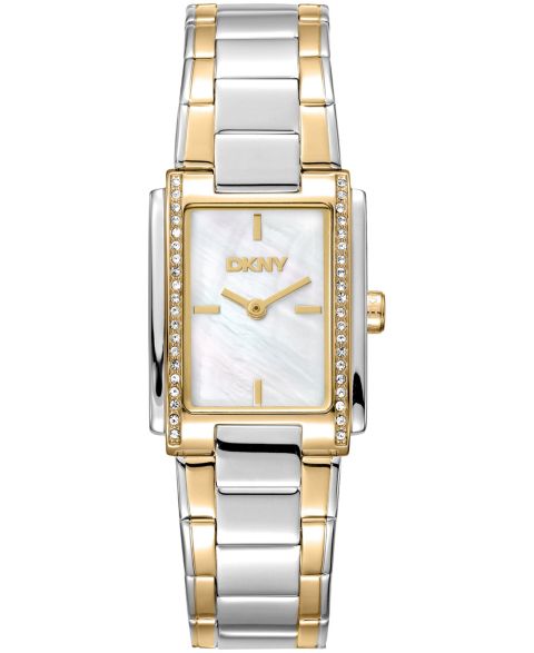 Женские часы DKNY White MOP Dial Crystal Accented Case Two-Tone Gold Stainless Steel Bracelet Watch, 23 x 30mm