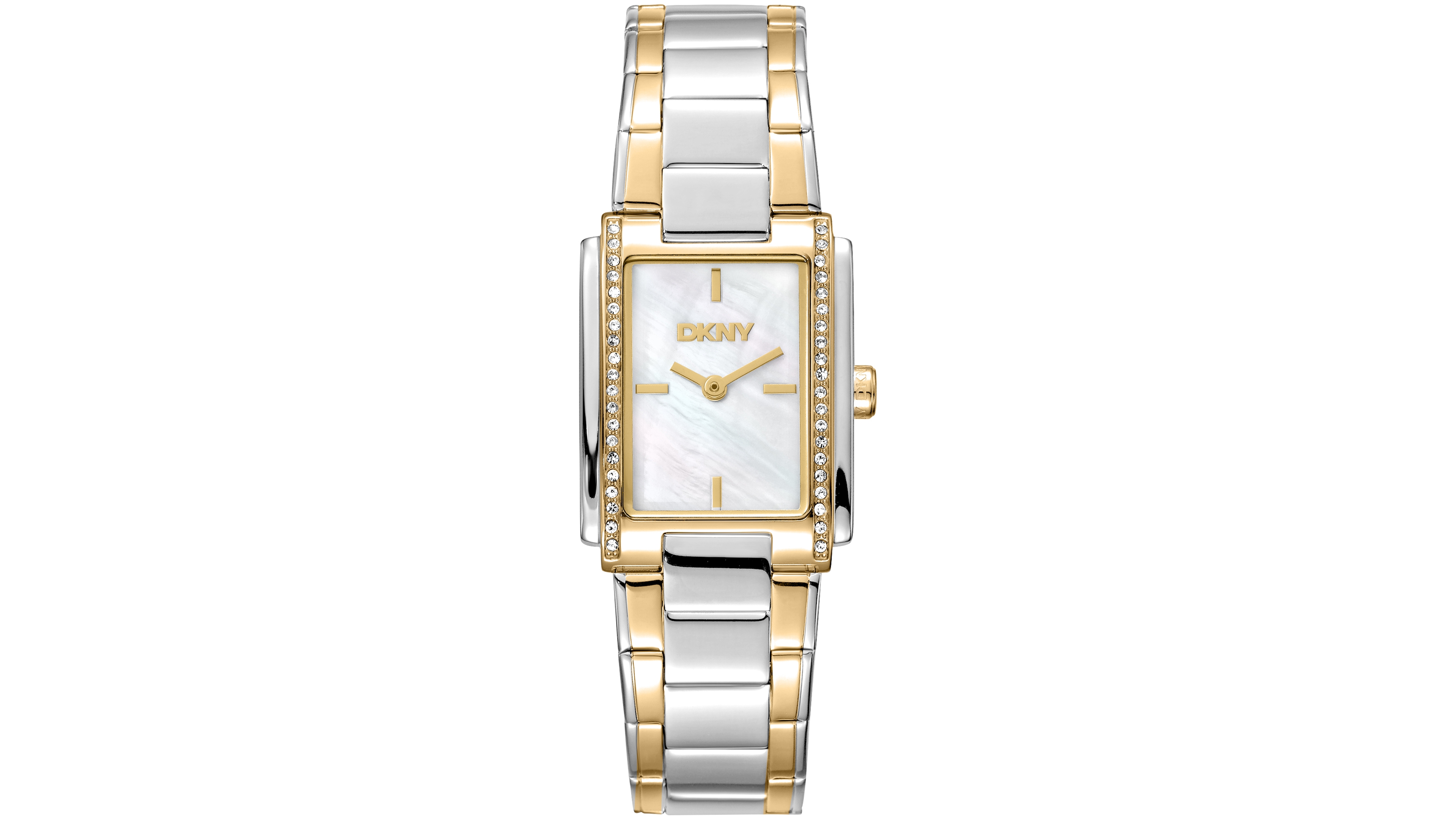 Dkny Women's White Mop Dial Crystal Accented Case Two-Tone Gold Stainless Steel Bracelet Watch, 23 x 30mm
