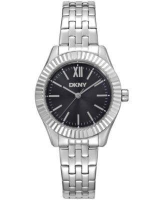 Women's Black Dial Fluted Bezel Stainless Steel Bracelet Watch, 30mm