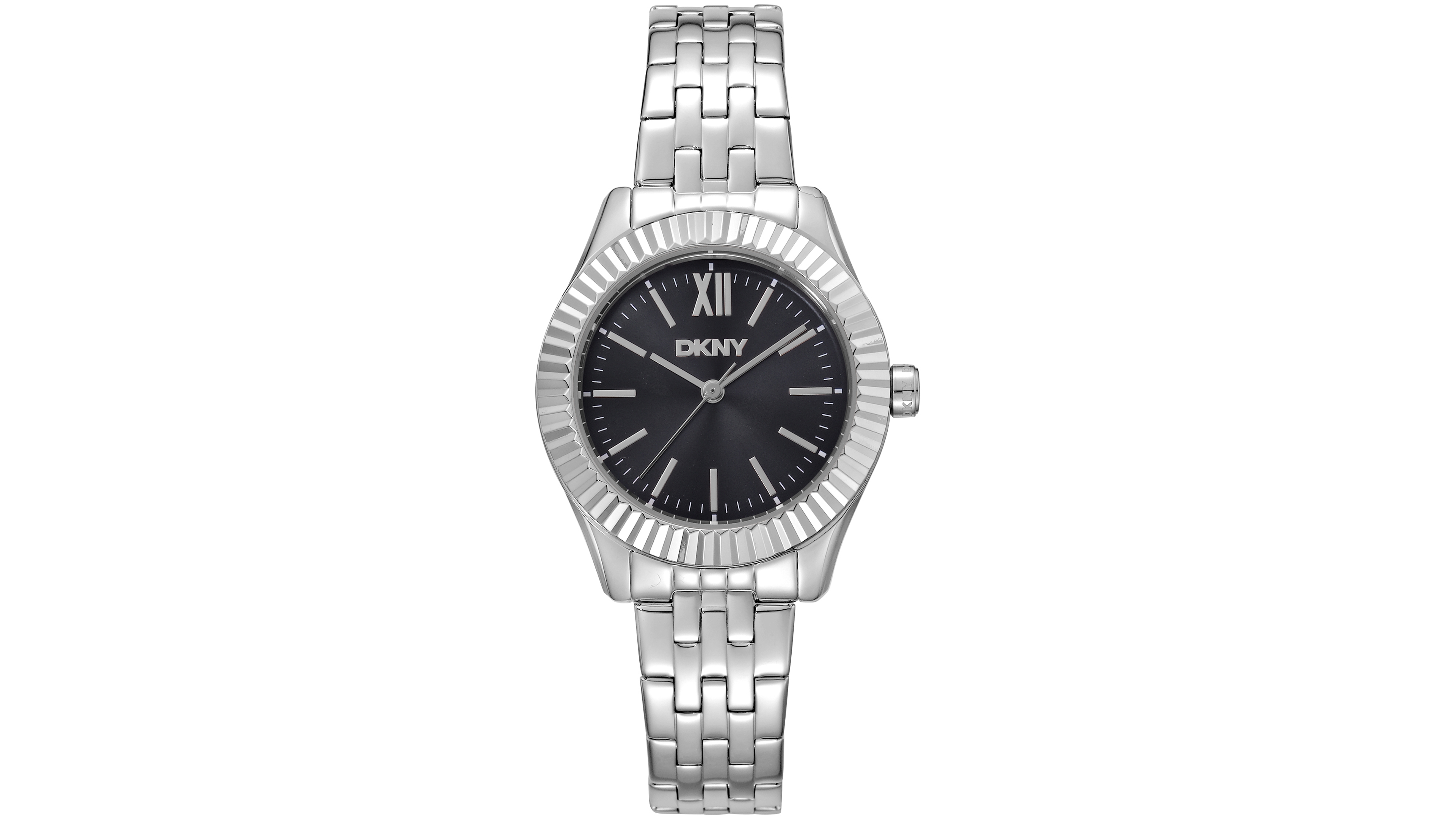 Dkny Women's Black Dial Fluted Bezel Stainless Steel Bracelet Watch, 30mm