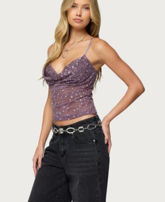 Women's Sequin Layered Bra Cowl Neck Top