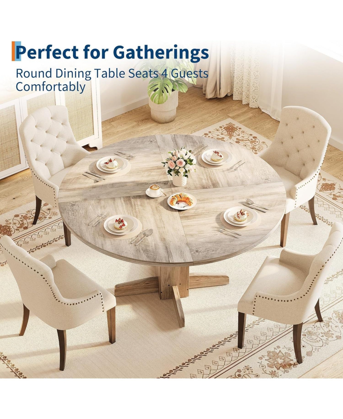 gaomon Farmhouse Dining Program 47-Inch Wood Table with a Sturdy Pedestal Base for Seating 4–6 People, Round