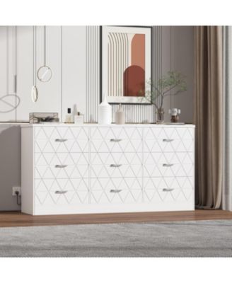 White 9 Drawer Dresser with USB Charging Station, Modern Wooden Storage Organizer for Bedroom Living Room Hallway