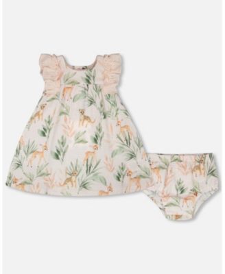 Baby Girls Muslin Dress and Bloomer Set Peach Deer Print