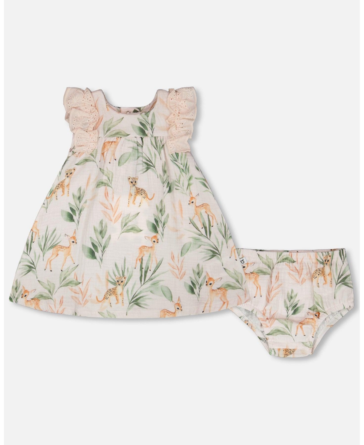 Deux par Baby Girls Muslin Dress and Bloomer Set Peach Deer Print