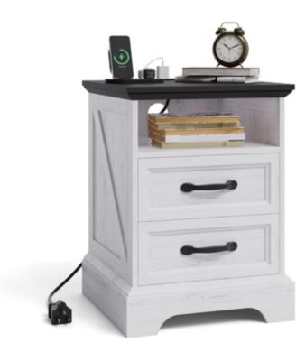 Farmhouse Nightstand with Charging Station, Large Rustic Bedside Table with 2 Drawers & Open Shelf, USB Ports & AC Outlets for Bedroom