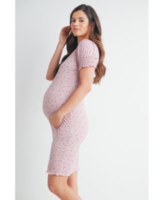 Maternity Floral Ribbed Mini Dress with Short Puff Sleeves