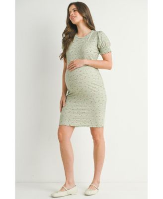 Maternity Floral Ribbed Mini Dress with Short Puff Sleeves