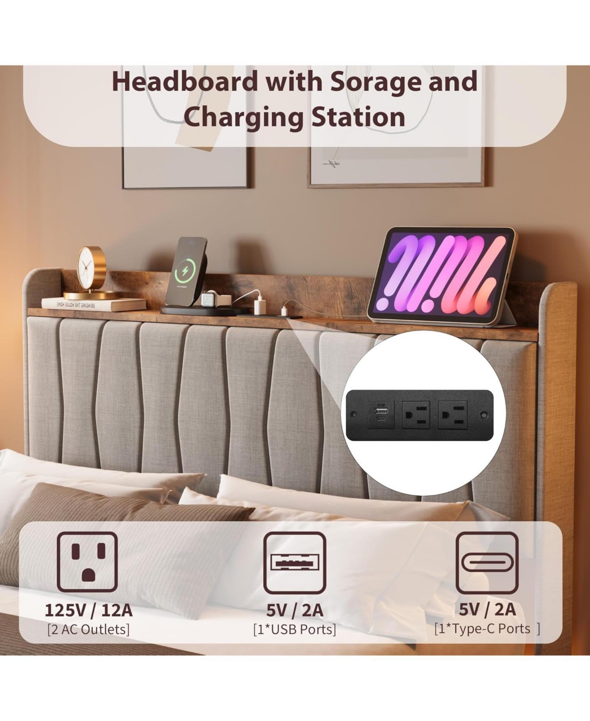 gaomon Floating Bed Frame with Led Lights & Usb Charging Station – Modern Upholstered Platform Headboard, Solid Wood Slats Support