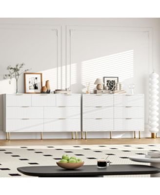 7 Drawer Dresser, 55" Wide Fluted Dresser with Drawers, Modern Wooden Double Dressers with Metal Handles for Living