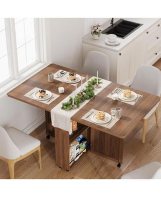 Space Saving Folding Dining Table with Storage - Kitchen Table with 6 Wheels, Drawer & Shelves, Compact Dining Table for Small Spaces