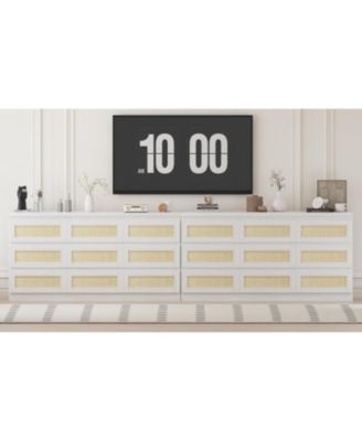 9 Drawer Farmhouse Rattan Dresser with Charging Station, Sturdy Wooden Storage Organizer for Bedroom Closet Entryway