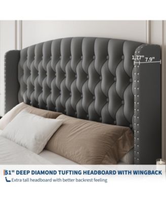 Queen Upholstered Deep Button Tufted Noise Free Wood Slat Platform Bed with Tall Wingback Headboard