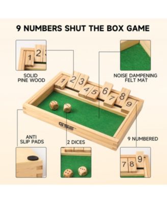 Wooden Shut The Box Numbers Dice Game Board with 2 Wooden Dices, Classic Popular English Pub Game