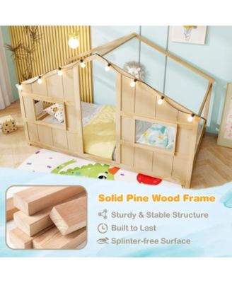 Kids Twin Floor Bed, House-Shaped Design with LED Lighting