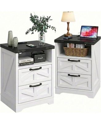 Farmhouse Nightstands Set of 2, Wooden Bedside Table with Charging Station, End Table with 2 Drawers