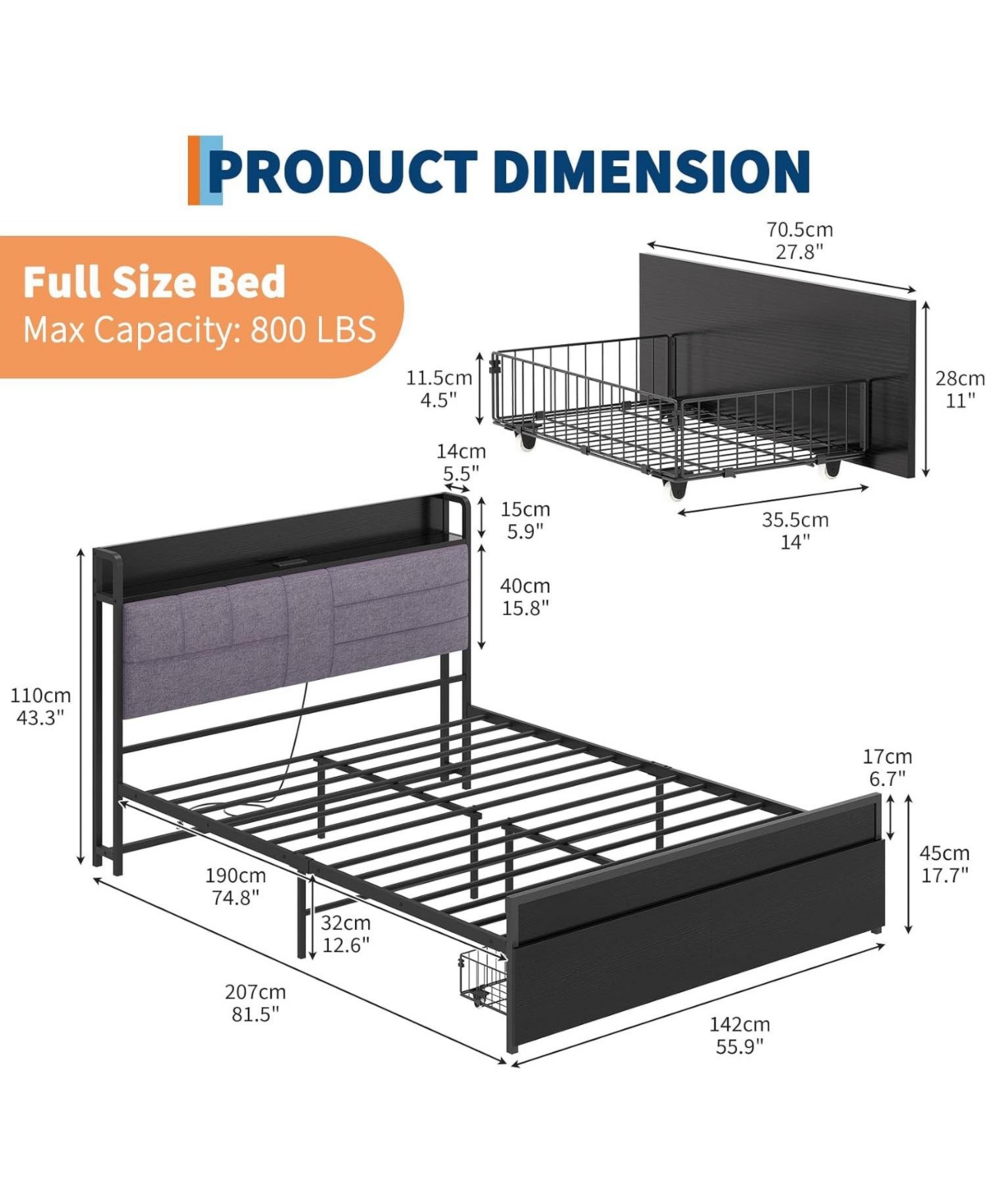 gaomon Full Bed Frame with Storage Drawers and Charging Station,Upholstered Headboard Bed with 2-Tier Storage Shelf, Metal Platform Bed Frame