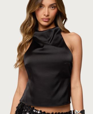 Women's Satin Effect Backless Cowl Neck Top