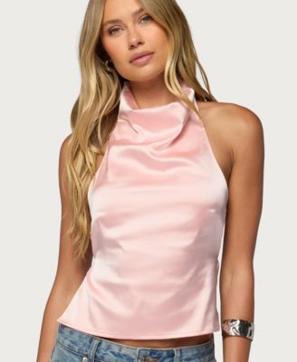 Women's Satin Effect Backless Cowl Neck Top