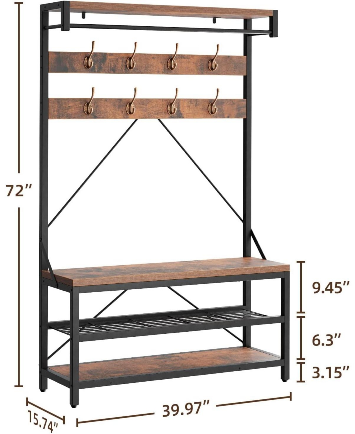 gaomon 72" Industrial Hall Tree with Shoe Bench, Storage Shelf & 8 Double Hooks for Entryway, Grey