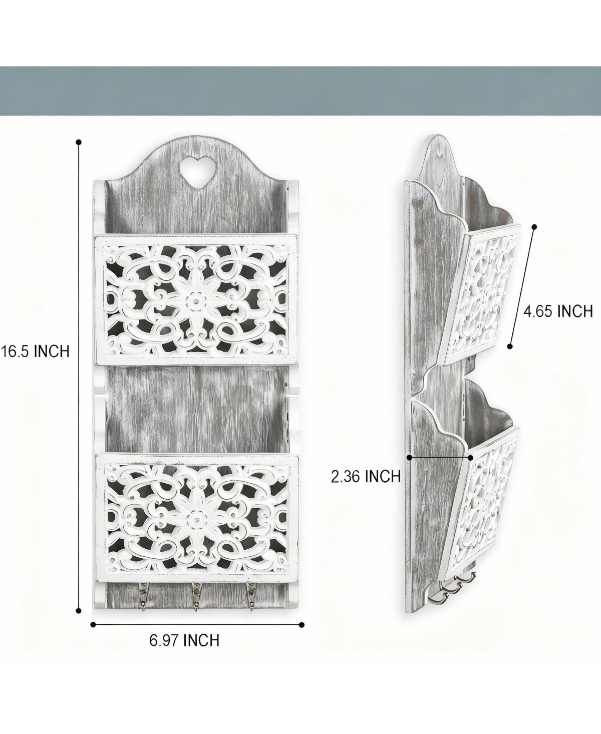 Yigii Wooden Mail Rack with 2 Slots & 3 Hooks for Keys and Accessories
