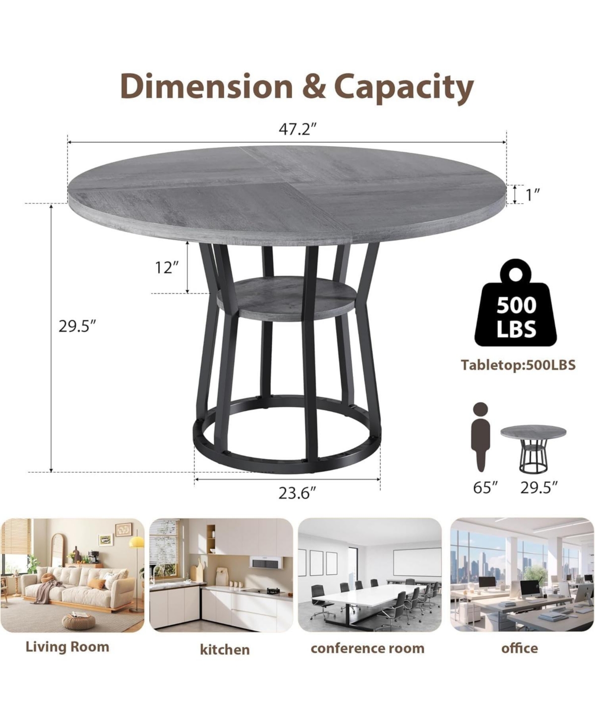 gaomon 47 in" Round Dining Table for 4, Farmhouse Room Circle Dinner Table,Space Saving Wood Kitchen & Furniture