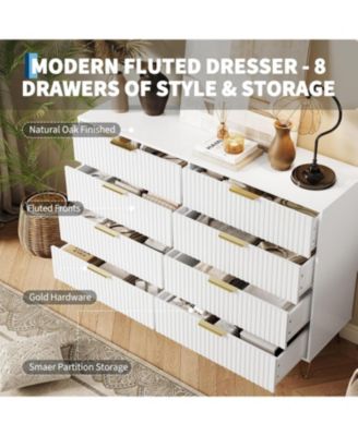 Fluted 8-Drawer Dresser for Bedroom, 55" Wide Modern Minimalist Chest of Wooden Drawers,Wide Clothes Storage Organizer