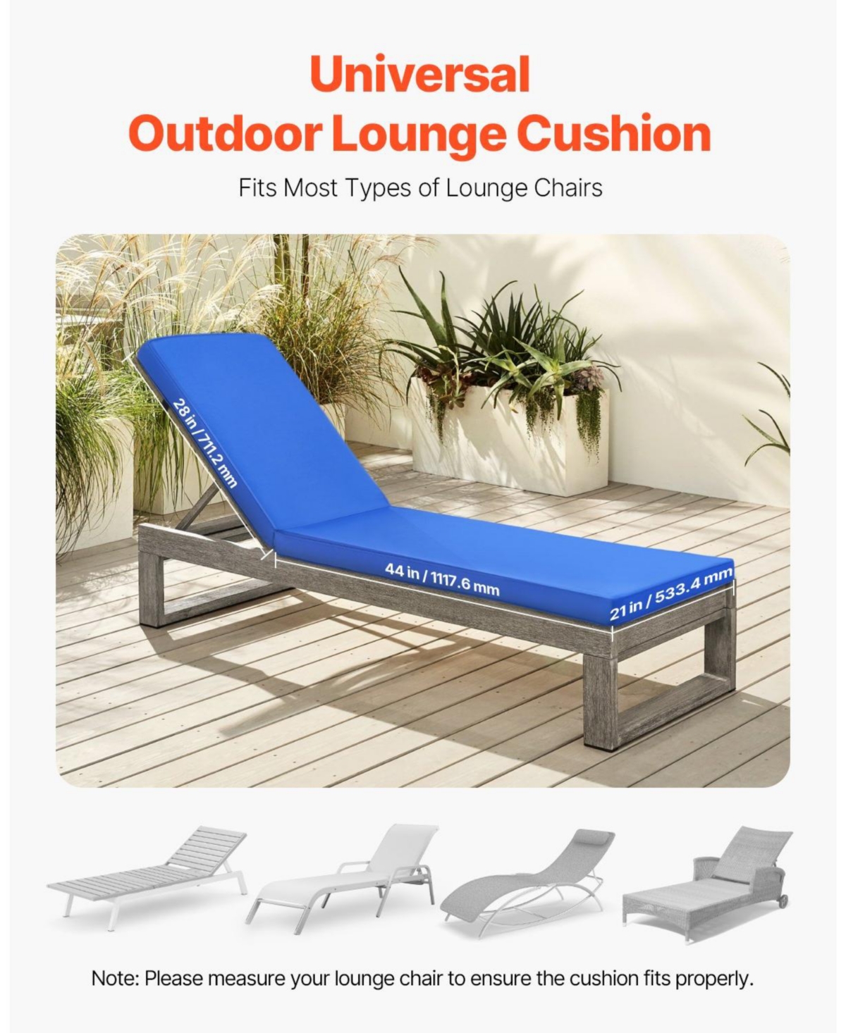 Mecale Chaise Lounge Cushion, Waterproof Fade-Resistant Outdoor Replacement Sun Lounger Cushion with Ties