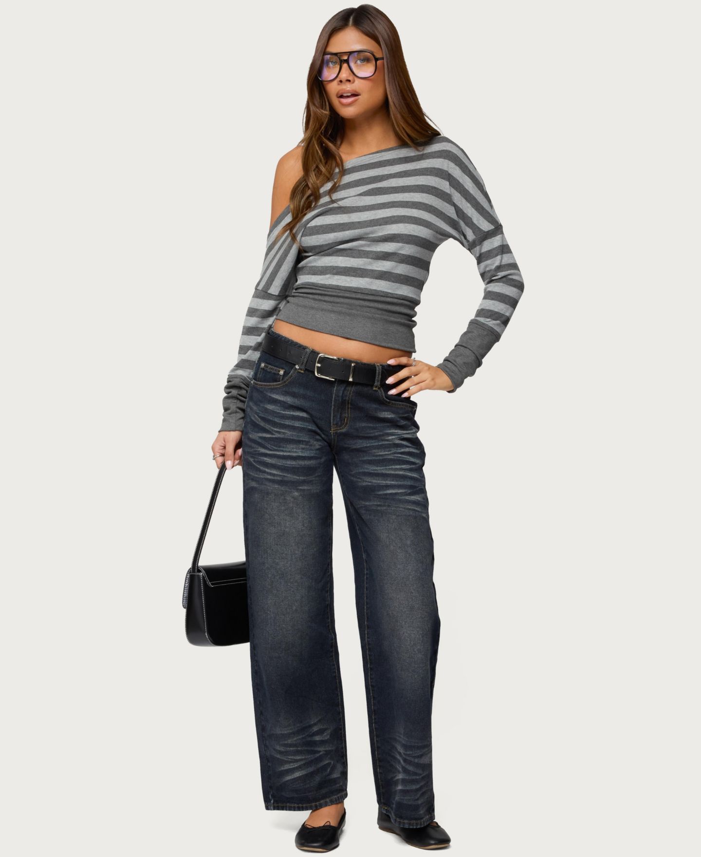 Женский топ Edikted Marniee Striped Off Shoulder Top, цвет: Тёмный серый меланжевый — фото 5