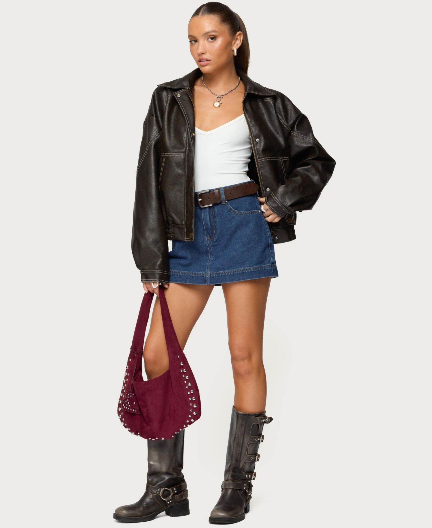 Женская куртка Edikted Jaxson Oversized Faux Leather Bomber, цвет: Тёмный коричневый — фото 5