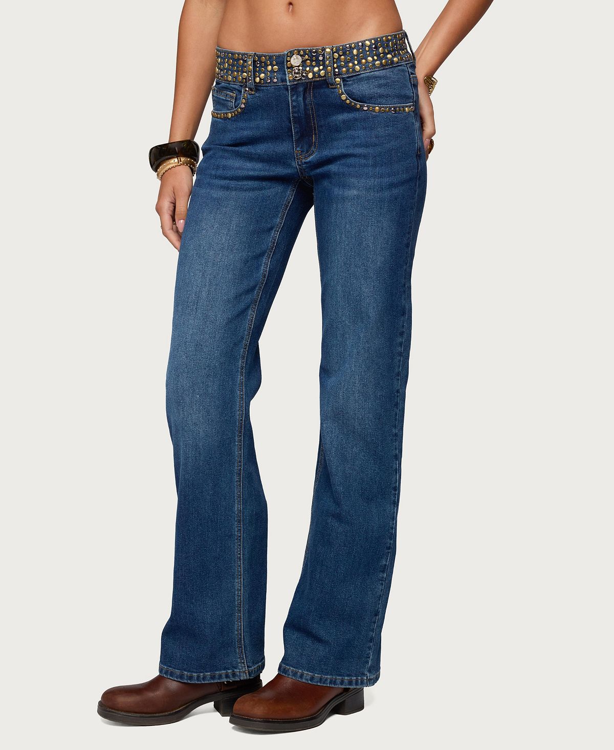 Edikted Women's Studded Low Rise Straight Leg Jeans view 4 — MAYCSS fashion products