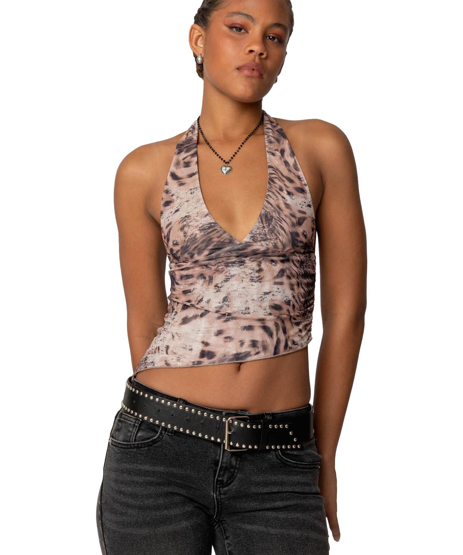 Women's Leopard Mesh Asymmetric Halter Top