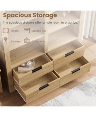 72" Tall Bookshelf with 4 Drawers, Farmhouse 6-Tier Double Wide Bookcase with Storage, Large Freestanding Bookshelf