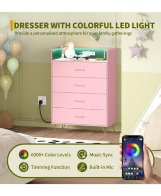 Towallmark 4-Drawer Dresser with App-Controlled RGB Lights & Charging Station, Large Capacity Modern Dresser for Bedroom, Living Room