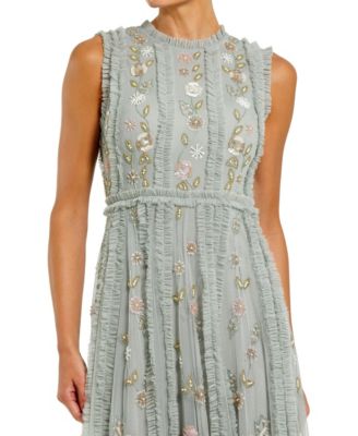 Petite Floral Embroidered Mesh A-Line Gown with Micro Ruffle Trim