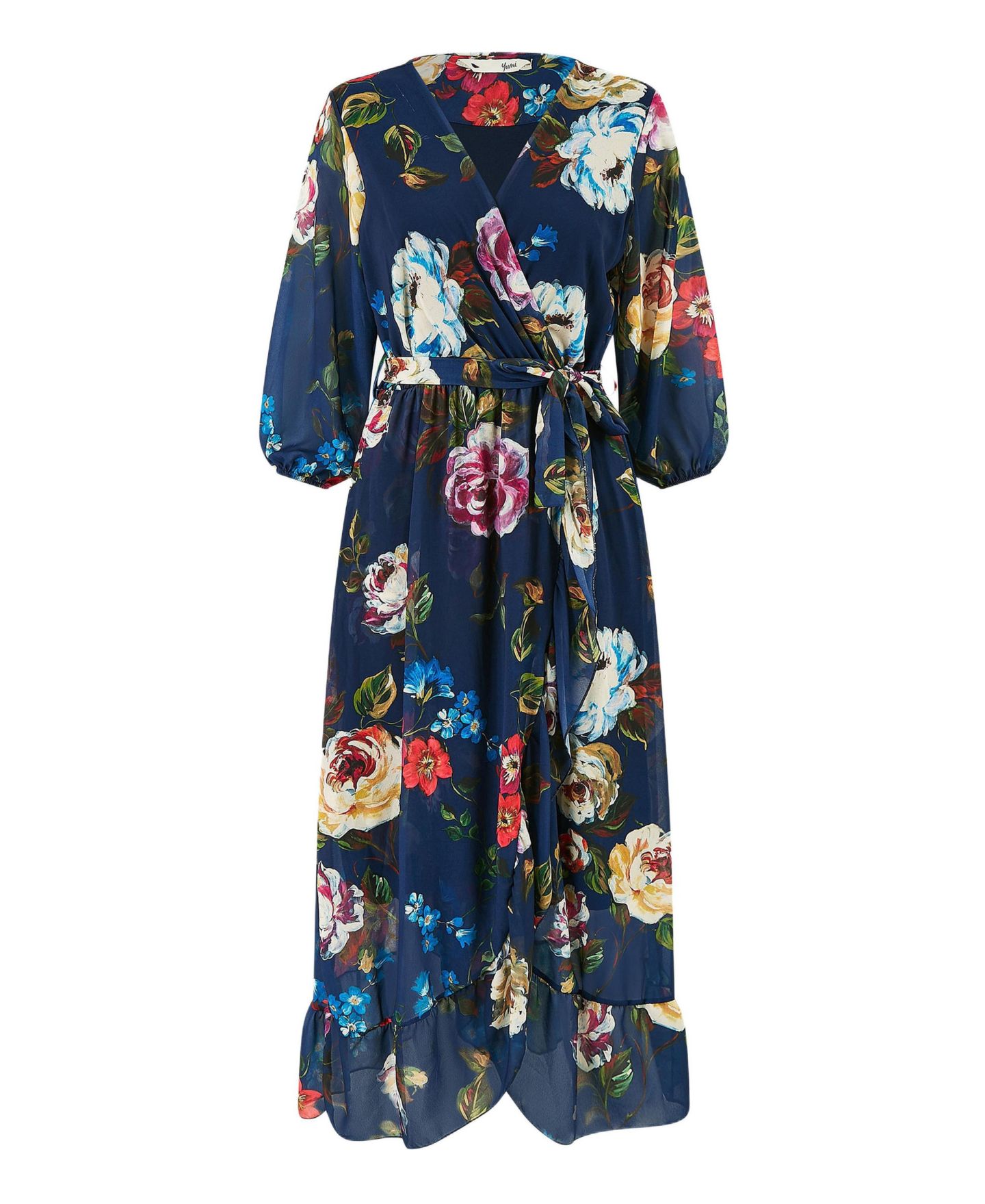 Женское платье Yumi Watercolour Dip Hem Midi Wrap, цвет: Тёмно-синий — фото 2
