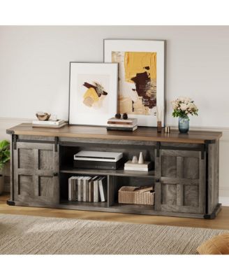 Farmhouse TV Stand for 75 Inch TV, Entertainment Center with Storage Cabinets and Sliding Barn Doors