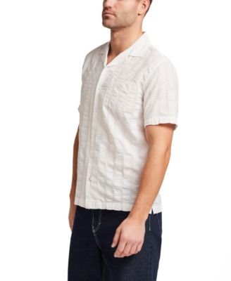Men's Short-Sleeve Button Down Vertical Texture Camp Collar Cotton Shirt