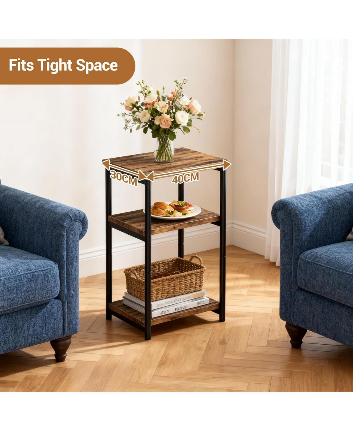 gaomon Slim 3-Tier End Table with Storage Shelves, Narrow Mobile Side for Small Spaces, Industrial Wood & Metal Sofa Table, Record Player St