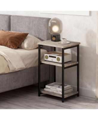 Slim 3-Tier End Table with Storage Shelves, Narrow Mobile Side Table for Small Spaces, Industrial Wood & Metal Sofa Table, Record Player St