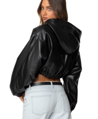 Women's Hooded Faux Leather Cropped Jacket