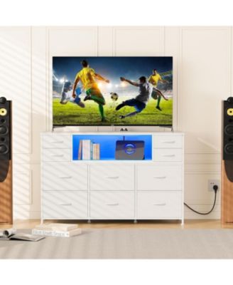 10 Fabric Drawers Dresser, Entertainment Center TV Stand with Power Outlet & LED Light for 45"-55" TV, Chest of Drawers for Bedroom