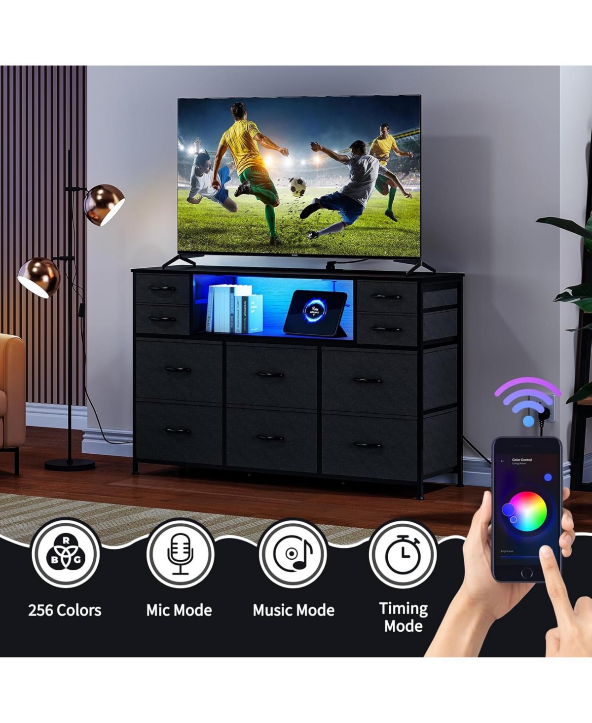 gaomon 10 Fabric Drawers Dresser with Led Lights, Entertainment Center with Charging Station, Wood Top, Open Shelves, Tv Stand for 40"-55" T