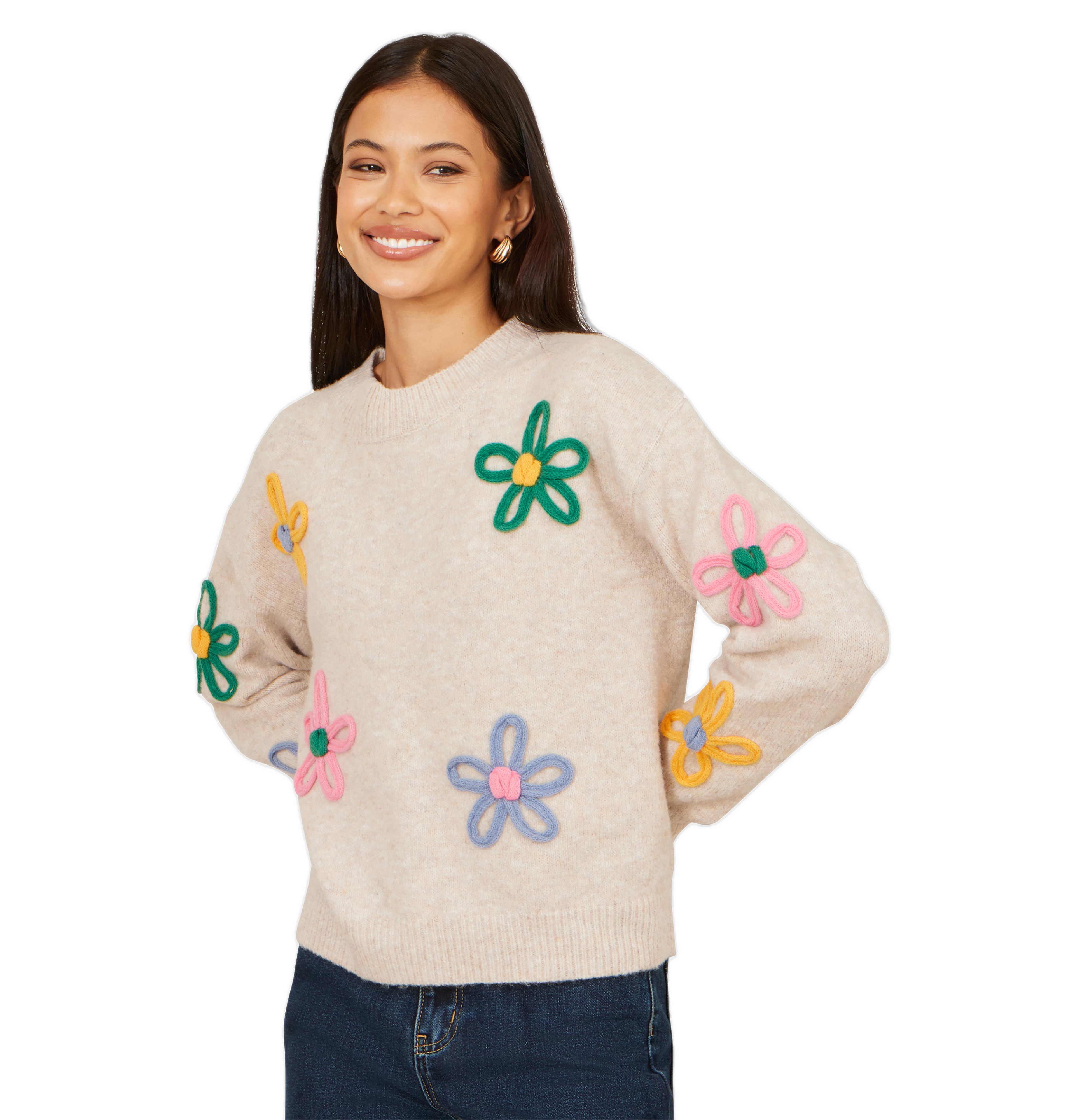 Yumi Women's Relaxed Flower Embroidered Jumper