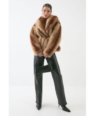 Women's Faux Fur Wide Collar Belted Jacket