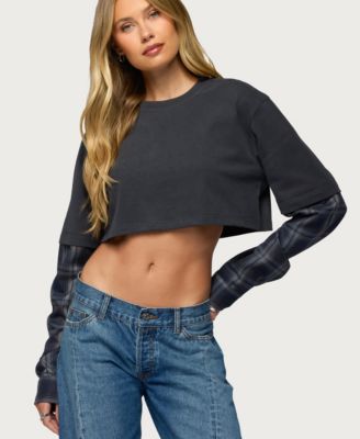 Women's Plaid Sleeves Layered Crop Top