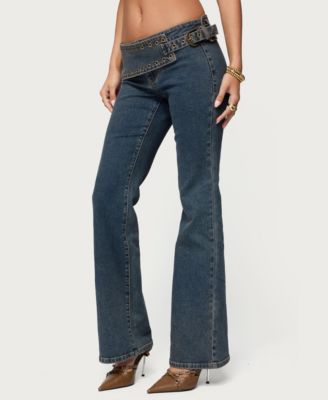 Women's Asymmetric Grommet Belt Low Rise Flared Jeans