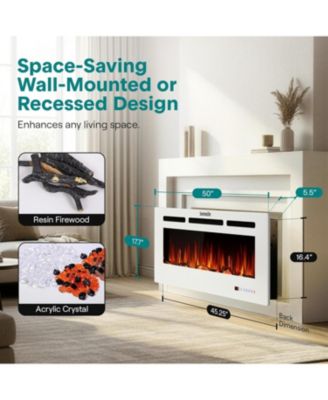 50" Electric Fireplace Heater with LED Flame, Smart Wi-Fi, Remote & Thermostat, 13 Color Modes, Wall or Recessed Mount